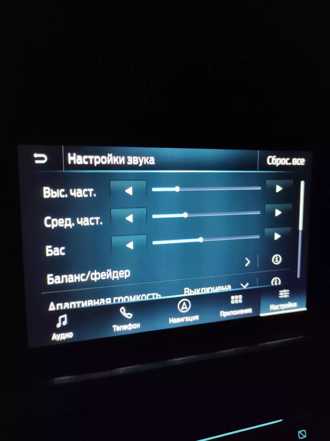 Стандартне меню звукових налаштувань