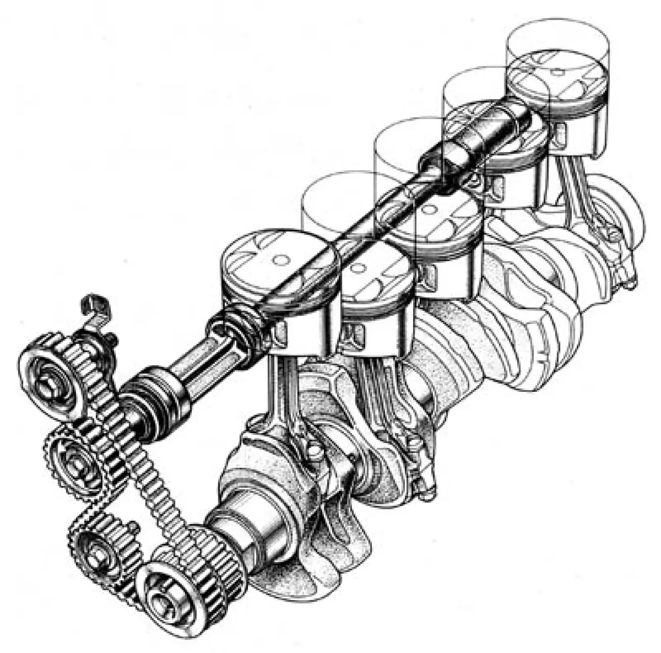 Схема с балансировочным валом и интересным двухсторонним ремнем. Позже от балансира отказались.