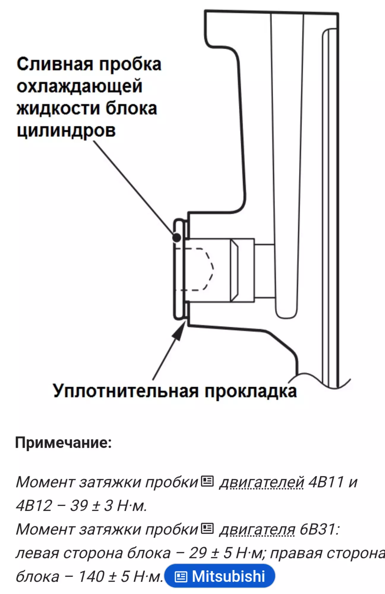 Схематична іллюстрація зливної пробки блоку. Моменти затяжки.